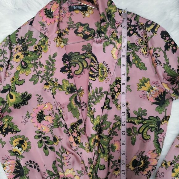 ZARA Pink Floral Print Button Front Satin Bloggers Long Sleeve Bodysuit Medium - Picture 12 of 15
